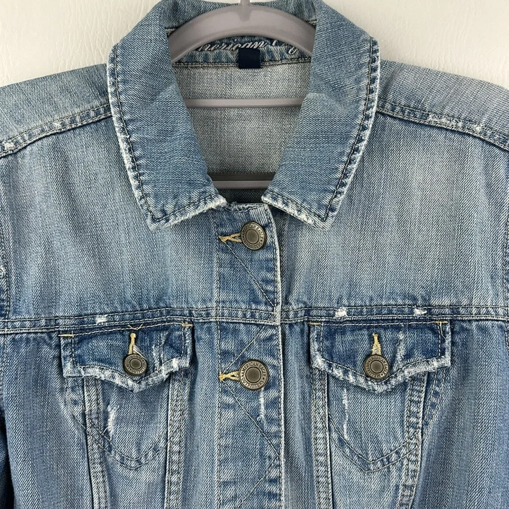 American Eagle 100% Cotton Distressed Denim Jean Jacket, XL - Picture 2 of 11
